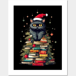 Christmas Cat Books Tree watercolor Posters and Art